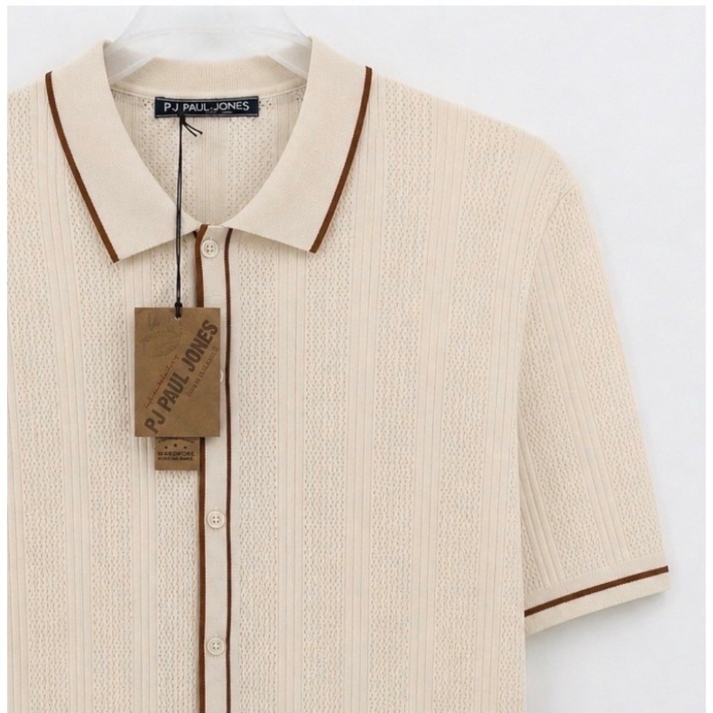 PJ Paul Jones Polo Shirt Mens XL Cream Knit Button Front Short Sleeve Retro